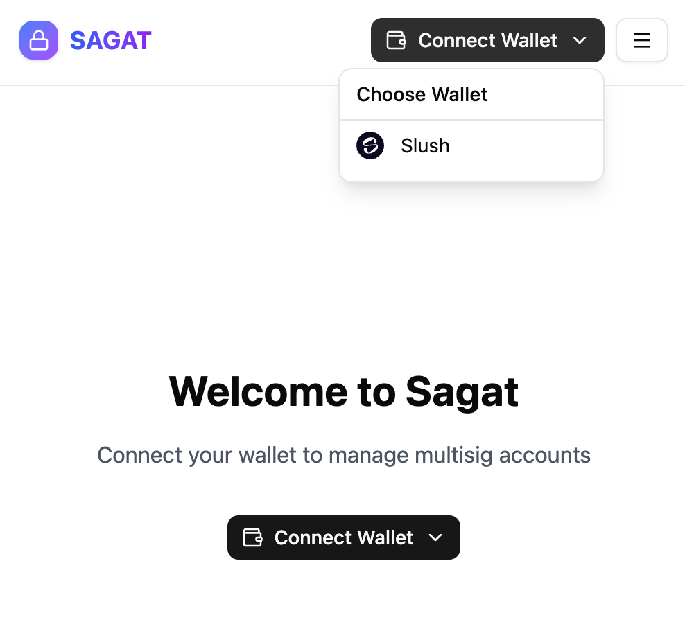 Screenshot showing how to connect Slush wallet to Sagat. Sagat connect Slush